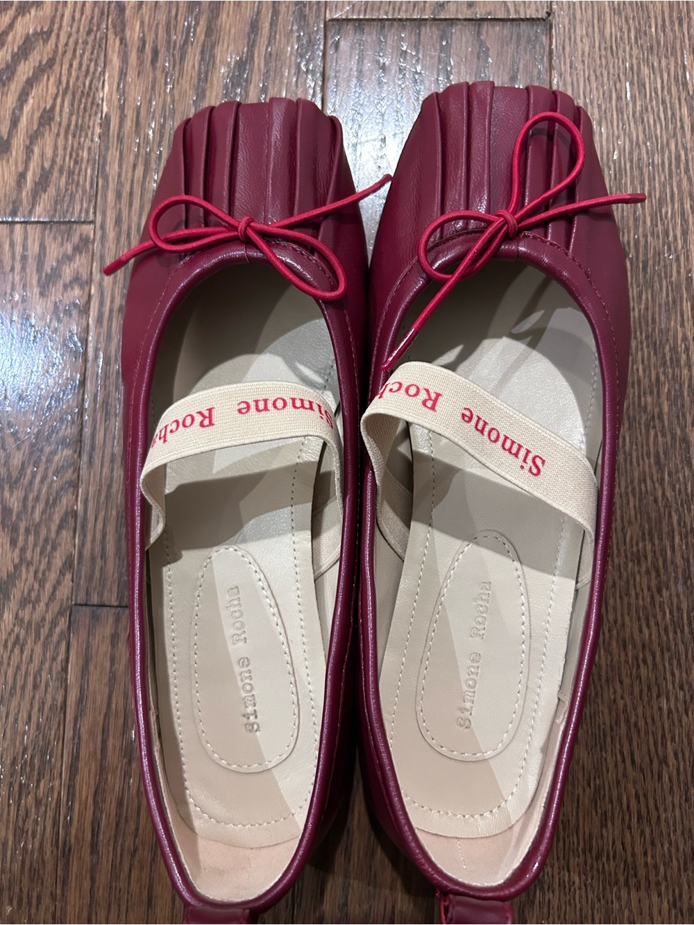 Simone Rocha Burgundy Leather Pleated Toe Ballet Flats with Bow